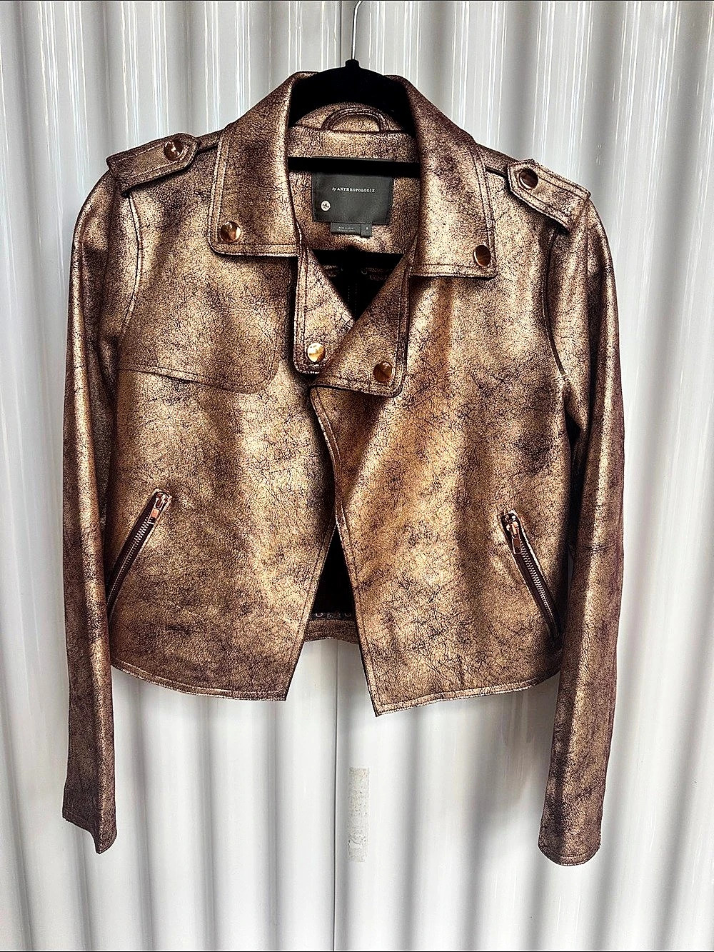 Anthropologie size S Metallic Rose Gold Faux Leather Brisa Moto Jacket 14S1